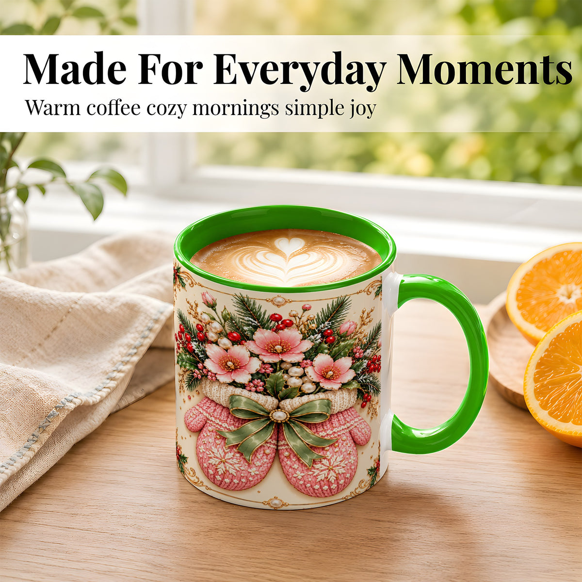 #pl[11oz|Green] Pink Christmas Mittens Coffee Mug, Floral Winter Mug, Ceramic Cup