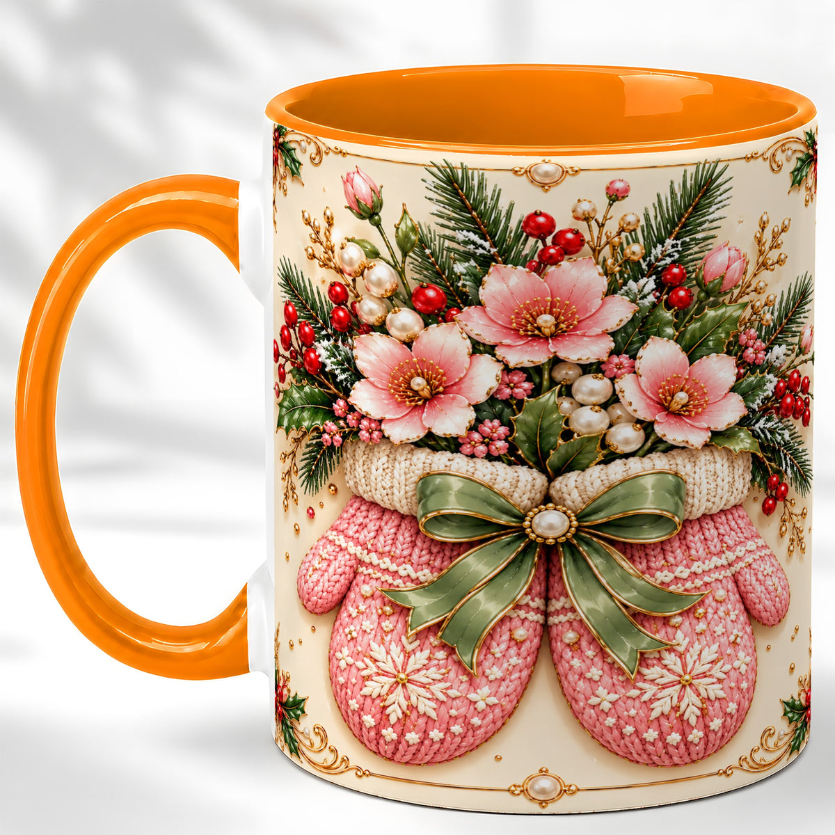 #pl[11oz|Orange] Pink Christmas Mittens Coffee Mug, Floral Winter Mug, Ceramic Cup