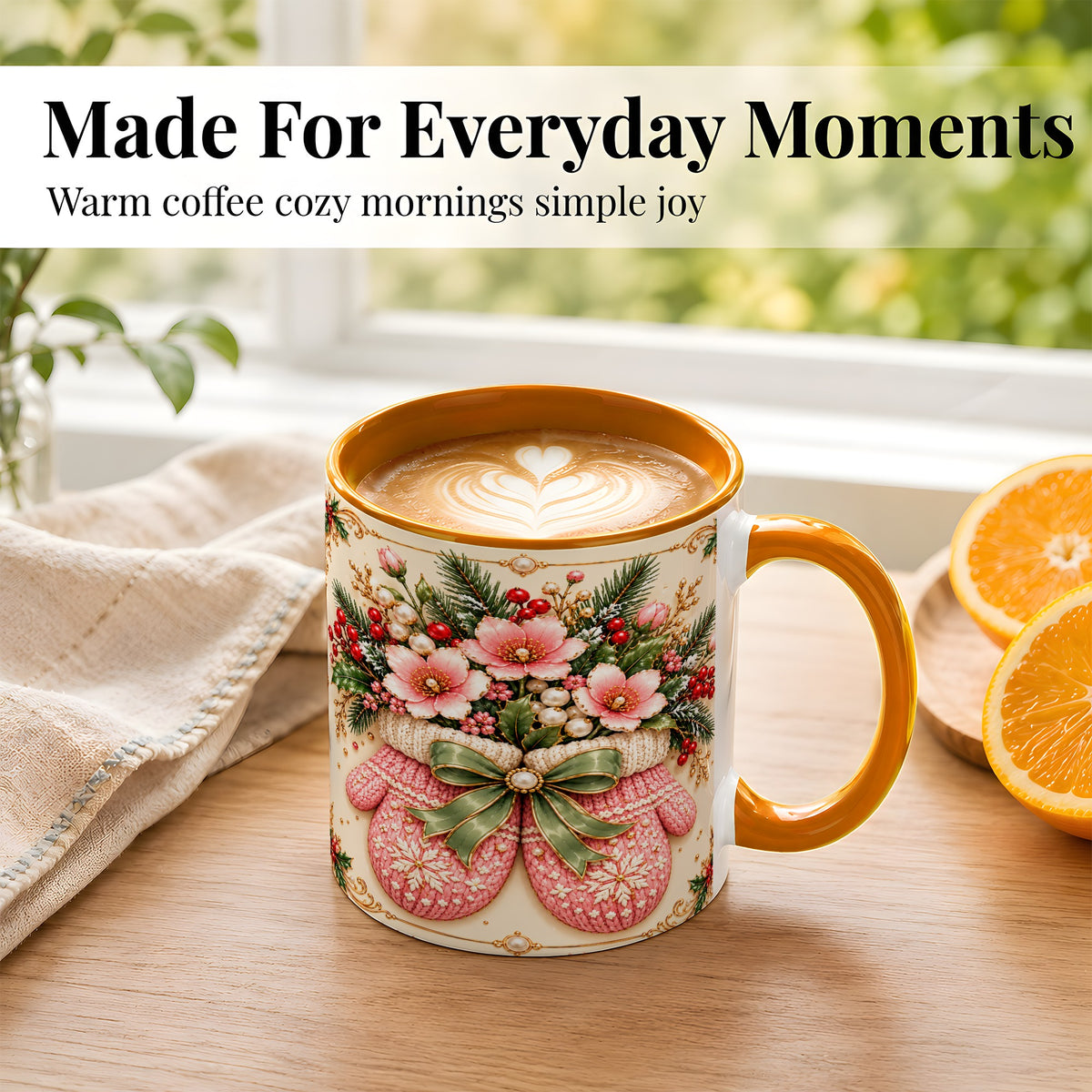 #pl[11oz|Orange] Pink Christmas Mittens Coffee Mug, Floral Winter Mug, Ceramic Cup