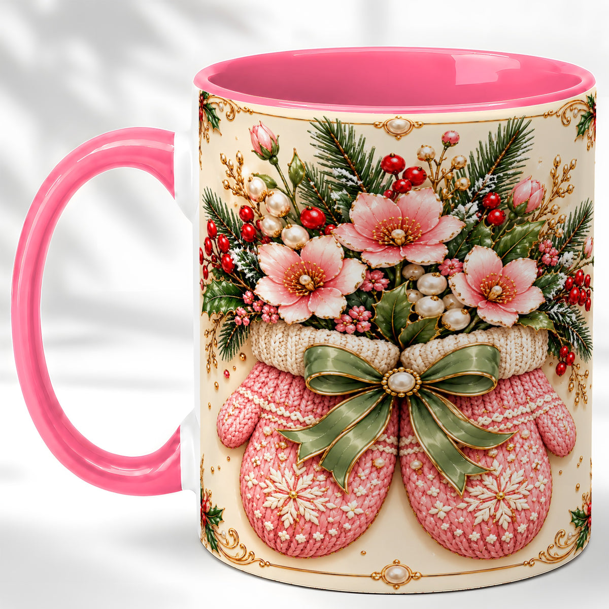#pl[11oz|Pink] Pink Christmas Mittens Coffee Mug, Floral Winter Mug, Ceramic Cup