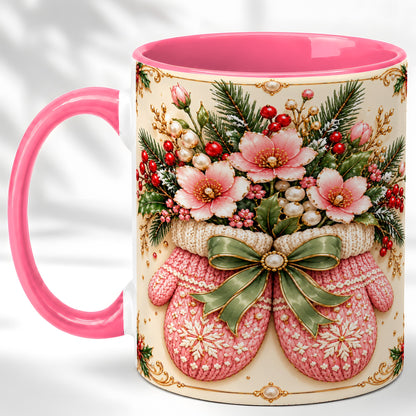 #pl[11oz|Pink] Pink Christmas Mittens Coffee Mug, Floral Winter Mug, Ceramic Cup