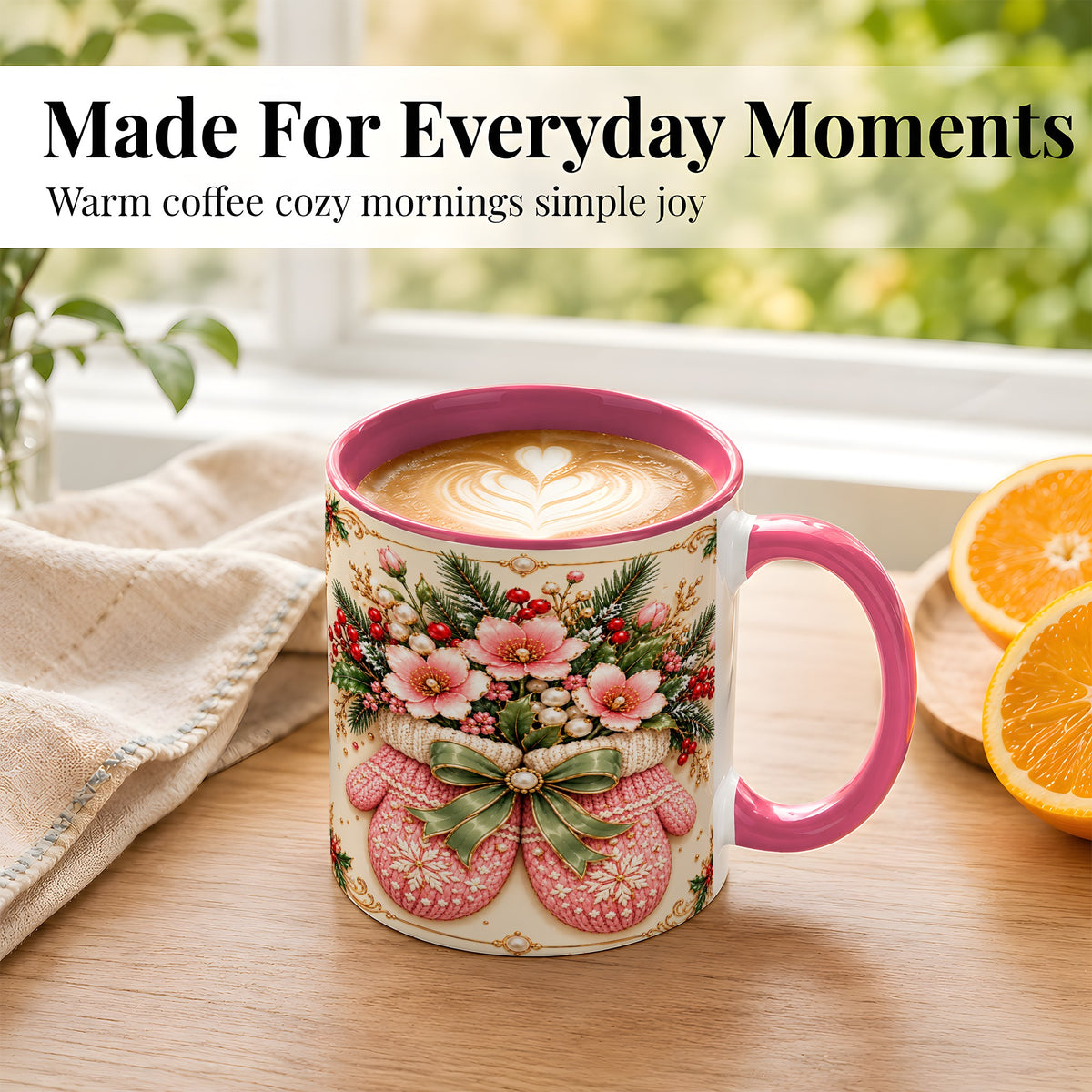#pl[11oz|Pink] Pink Christmas Mittens Coffee Mug, Floral Winter Mug, Ceramic Cup