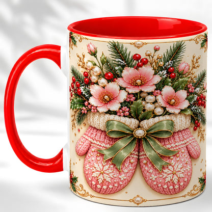 Pink Christmas Mittens Coffee Mug, Floral Winter Mug, Ceramic Cup