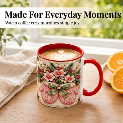 #pl[11oz|Red] Pink Christmas Mittens Coffee Mug, Floral Winter Mug, Ceramic Cup