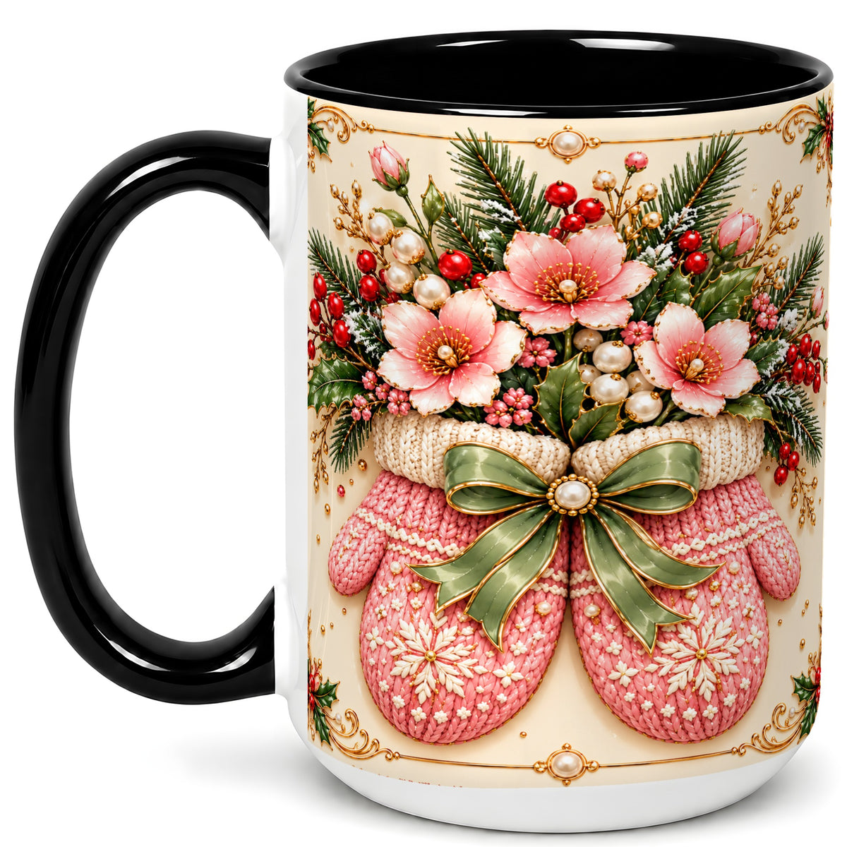 #pl[15oz|Black] Pink Christmas Mittens Coffee Mug, Floral Winter Mug, Ceramic Cup