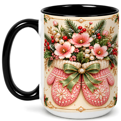 #pl[15oz|Black] Pink Christmas Mittens Coffee Mug, Floral Winter Mug, Ceramic Cup