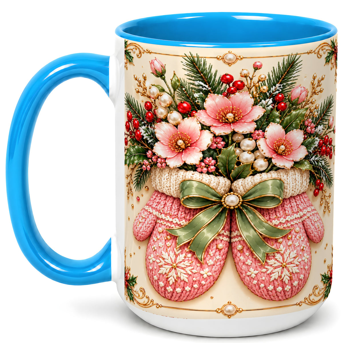 #pl[15oz|Blue] Pink Christmas Mittens Coffee Mug, Floral Winter Mug, Ceramic Cup