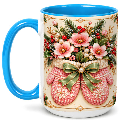 #pl[15oz|Blue] Pink Christmas Mittens Coffee Mug, Floral Winter Mug, Ceramic Cup