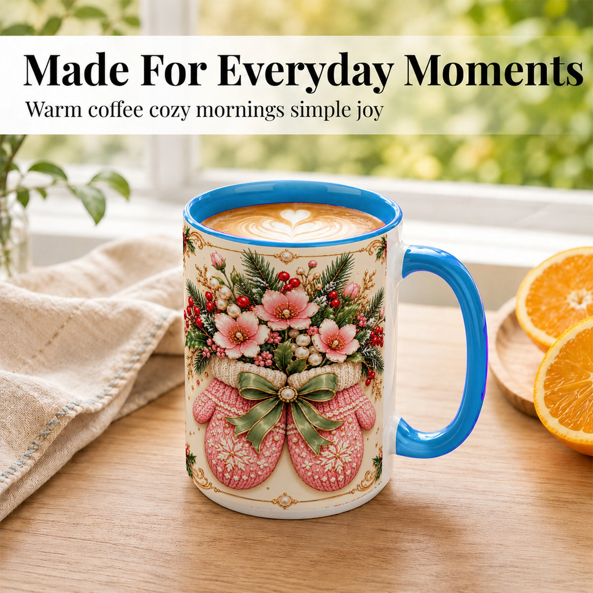 #pl[15oz|Blue] Pink Christmas Mittens Coffee Mug, Floral Winter Mug, Ceramic Cup