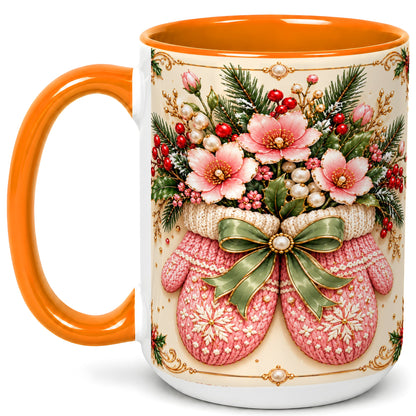 #pl[15oz|Orange] Pink Christmas Mittens Coffee Mug, Floral Winter Mug, Ceramic Cup
