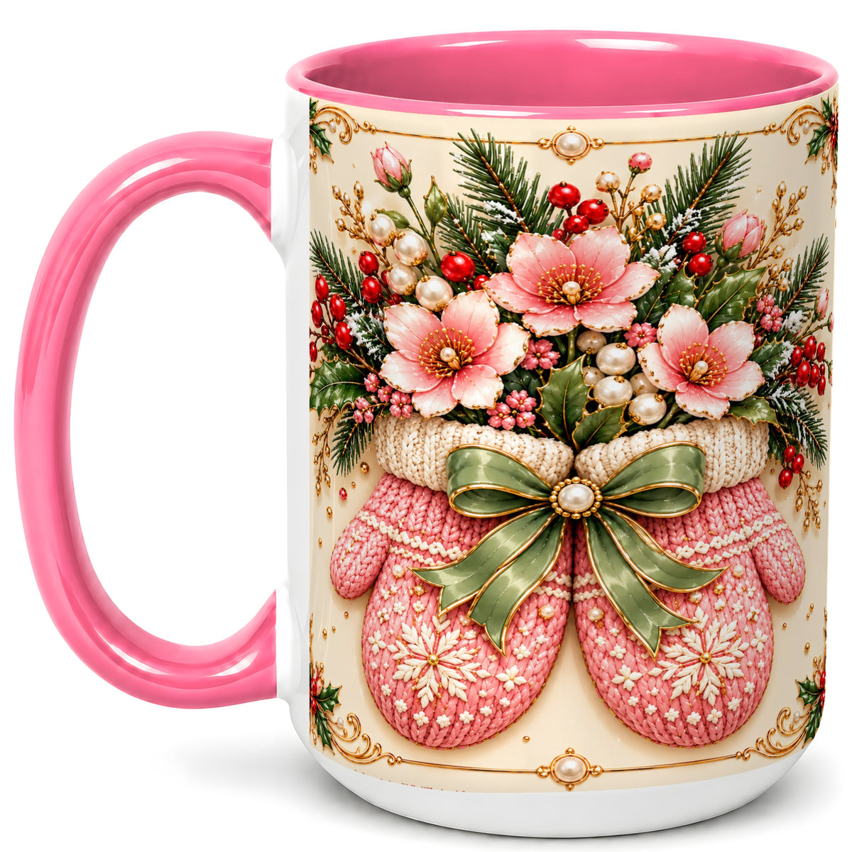 #pl[15oz|Pink] Pink Christmas Mittens Coffee Mug, Floral Winter Mug, Ceramic Cup