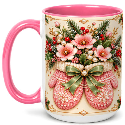 #pl[15oz|Pink] Pink Christmas Mittens Coffee Mug, Floral Winter Mug, Ceramic Cup