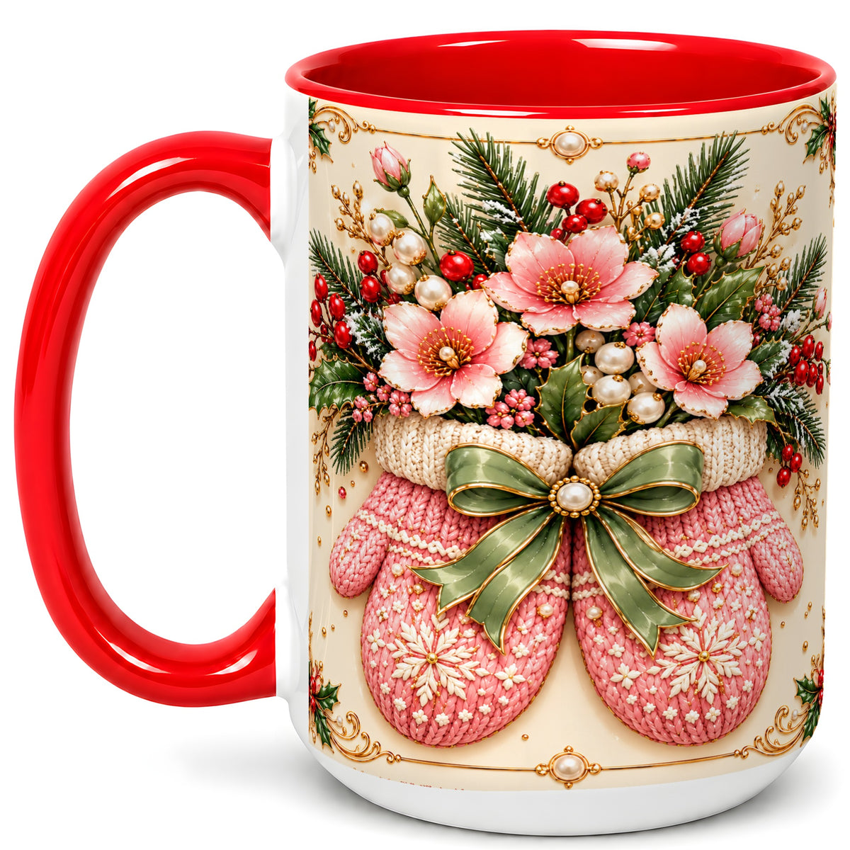 #pl[15oz|Red] Pink Christmas Mittens Coffee Mug, Floral Winter Mug, Ceramic Cup