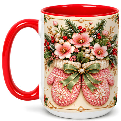 #pl[15oz|Red] Pink Christmas Mittens Coffee Mug, Floral Winter Mug, Ceramic Cup