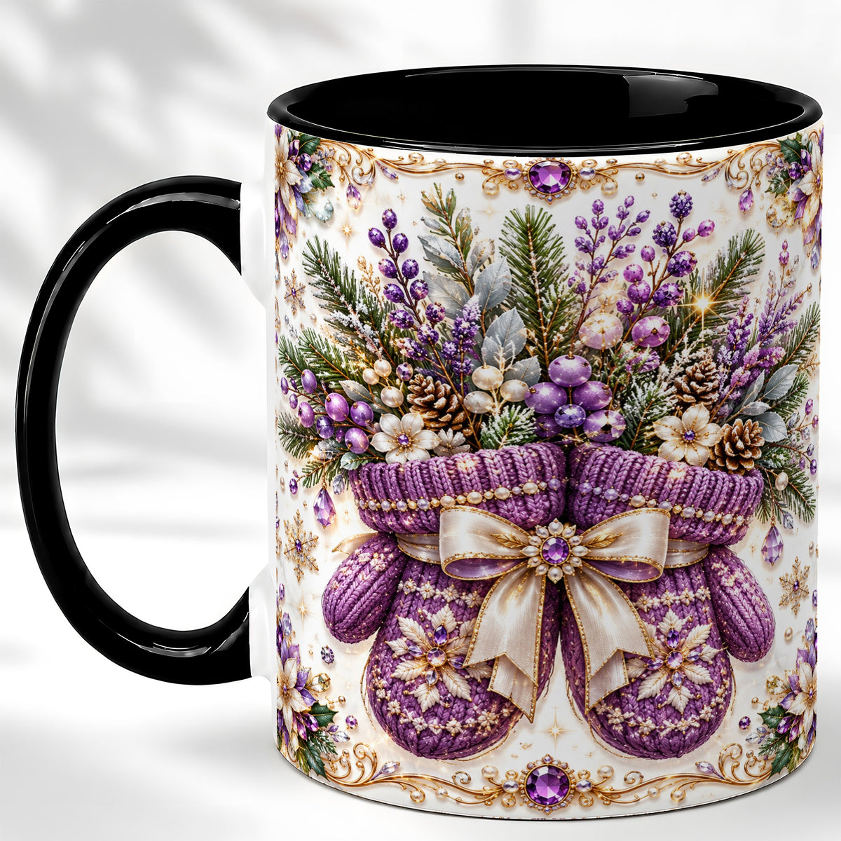 #pl[11oz|Black] Purple Christmas Mittens Coffee Mug, Jeweled Winter Mug, Ceramic Cup