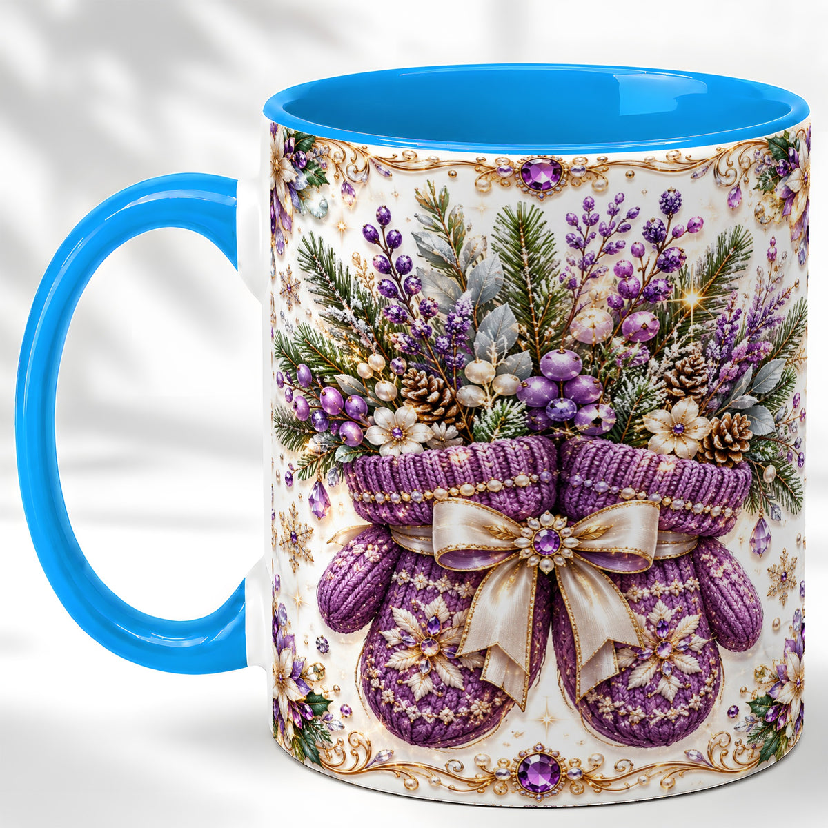 #pl[11oz|Blue] Purple Christmas Mittens Coffee Mug, Jeweled Winter Mug, Ceramic Cup