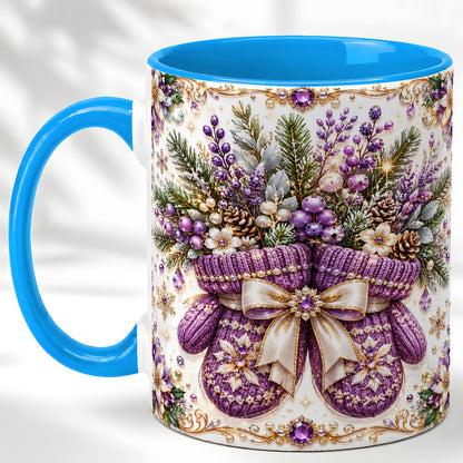 #pl[11oz|Blue] Purple Christmas Mittens Coffee Mug, Jeweled Winter Mug, Ceramic Cup