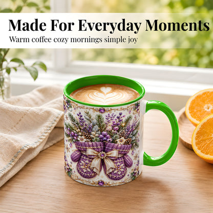 #pl[11oz|Green] Purple Christmas Mittens Coffee Mug, Jeweled Winter Mug, Ceramic Cup