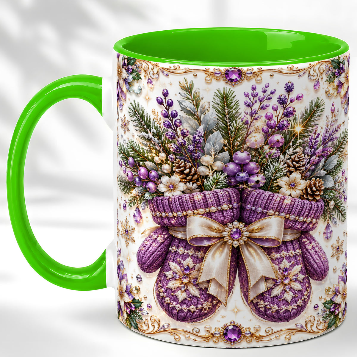 #pl[11oz|Green] Purple Christmas Mittens Coffee Mug, Jeweled Winter Mug, Ceramic Cup