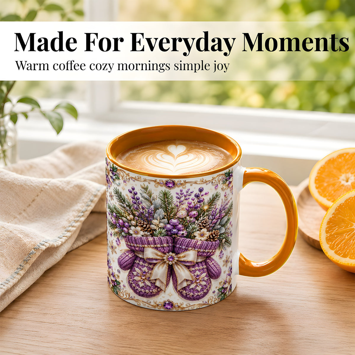#pl[11oz|Orange] Purple Christmas Mittens Coffee Mug, Jeweled Winter Mug, Ceramic Cup