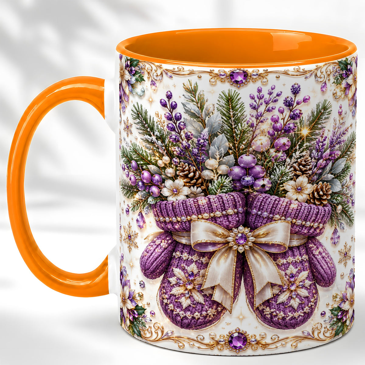 #pl[11oz|Orange] Purple Christmas Mittens Coffee Mug, Jeweled Winter Mug, Ceramic Cup