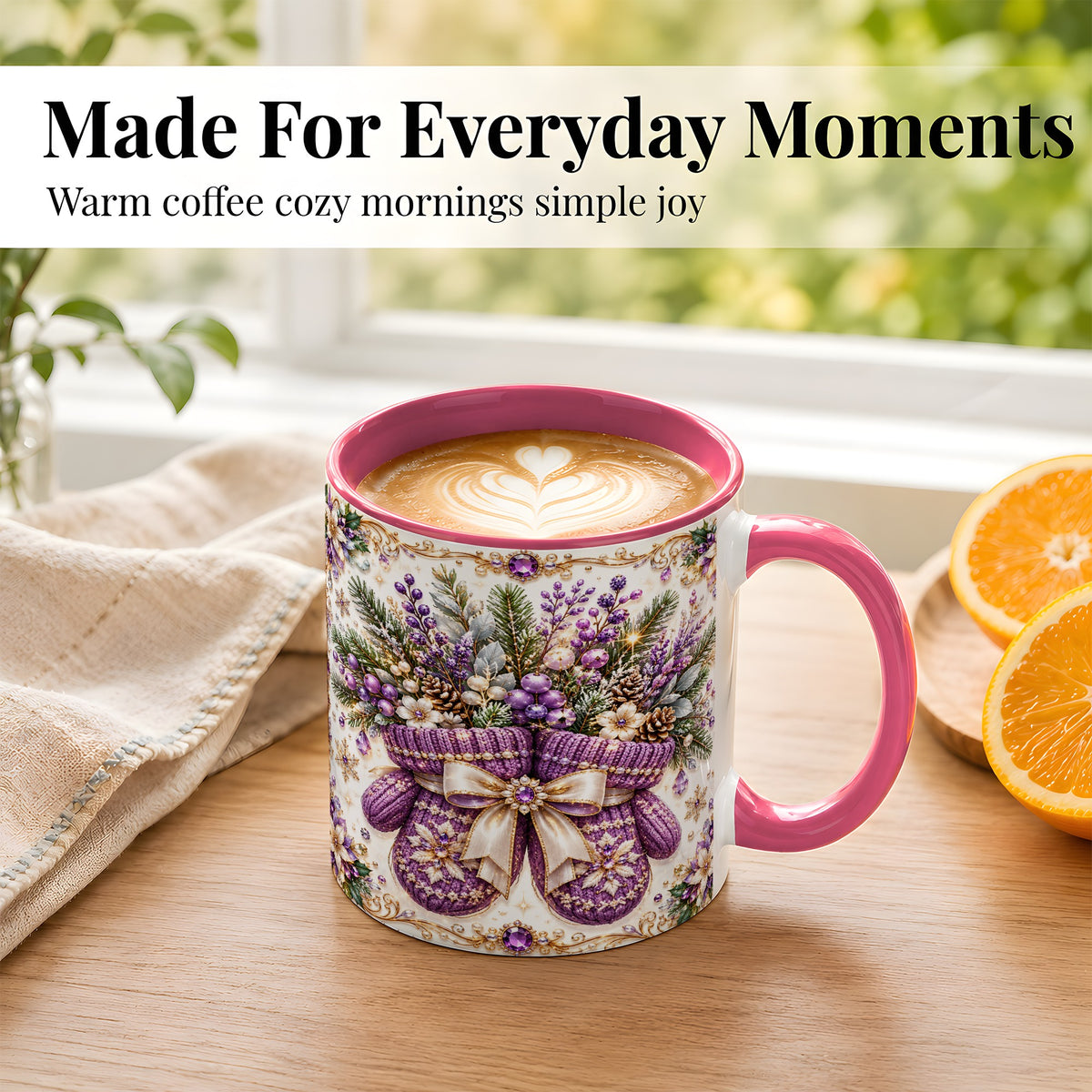 #pl[11oz|Pink] Purple Christmas Mittens Coffee Mug, Jeweled Winter Mug, Ceramic Cup