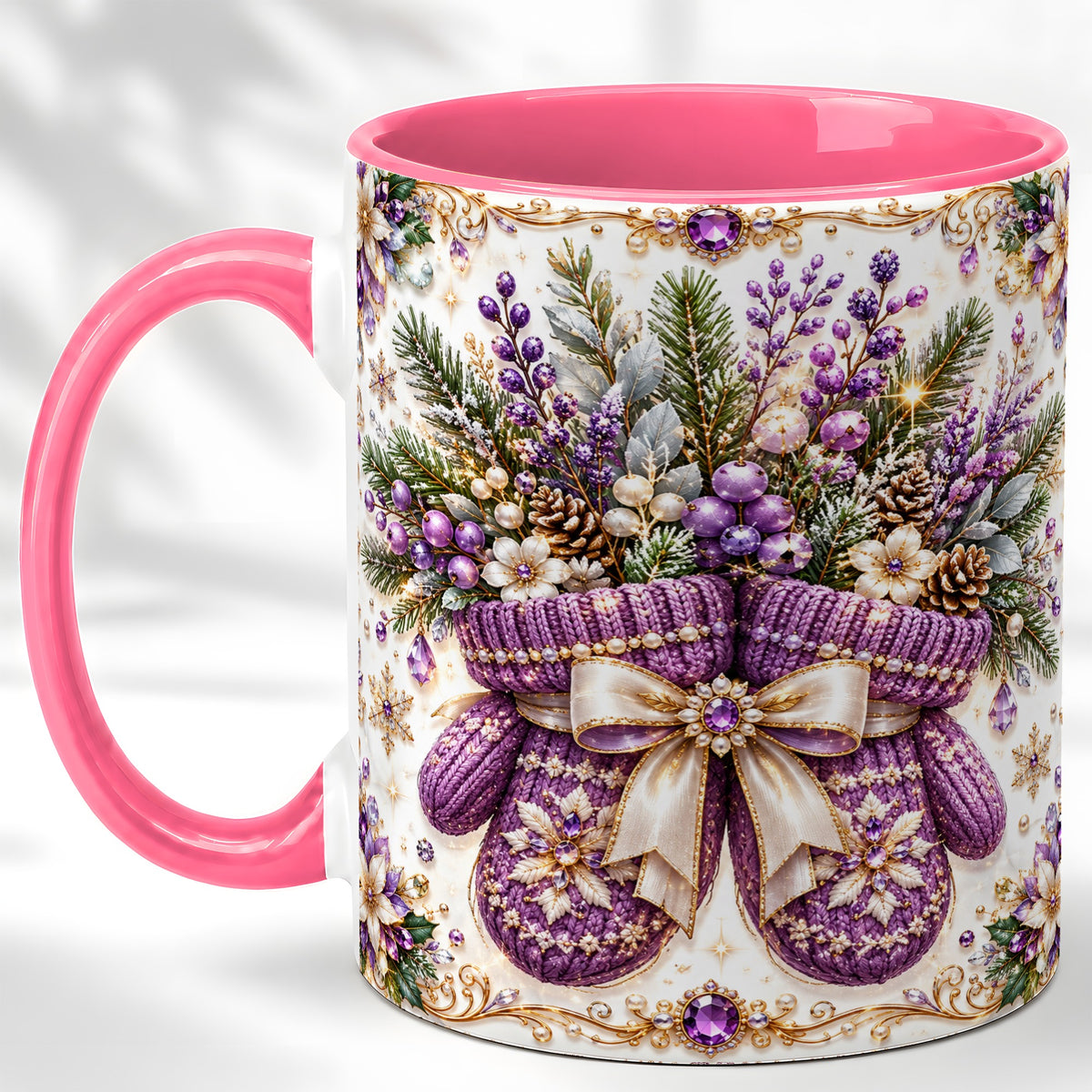 #pl[11oz|Pink] Purple Christmas Mittens Coffee Mug, Jeweled Winter Mug, Ceramic Cup