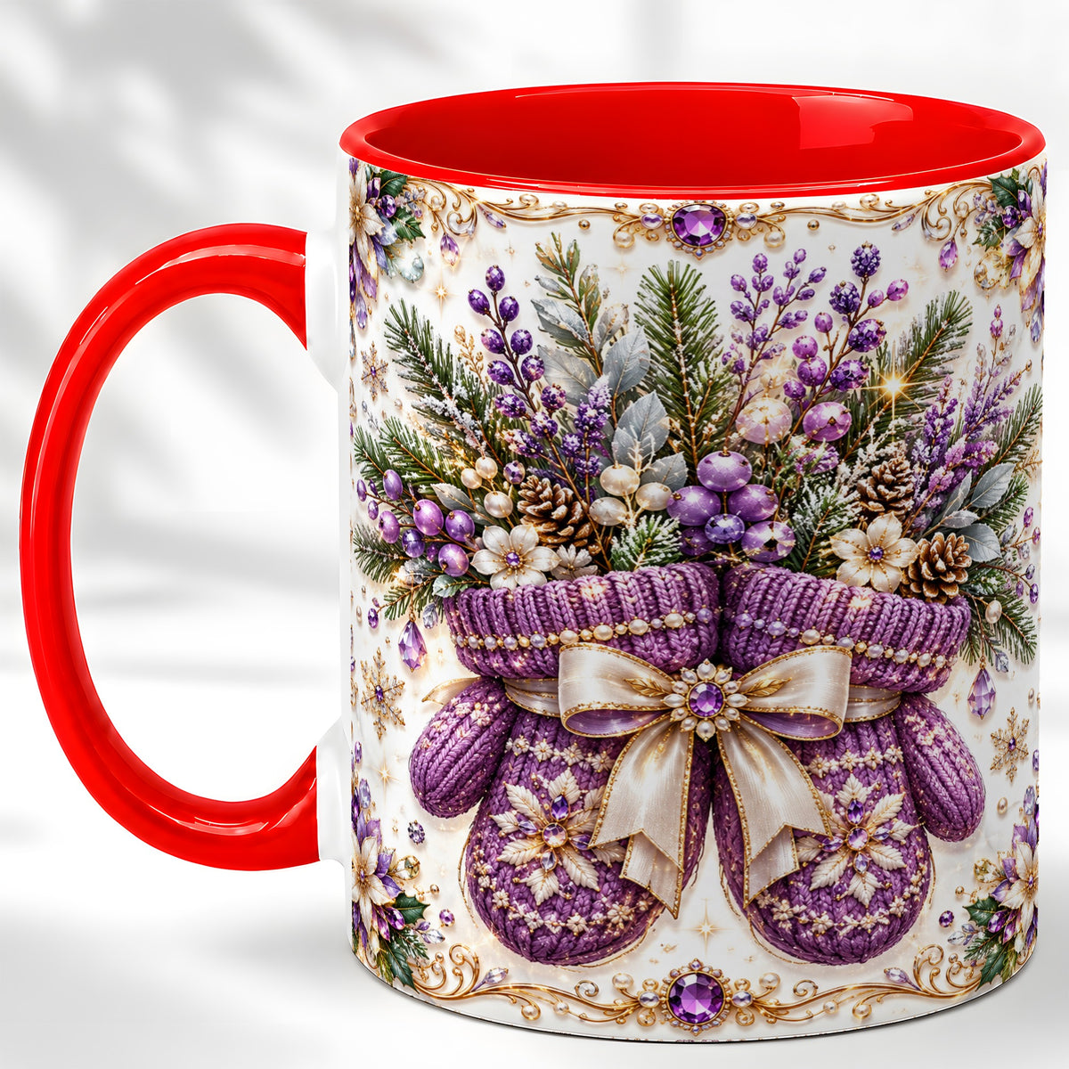 Purple Christmas Mittens Coffee Mug, Jeweled Winter Mug, Ceramic Cup
