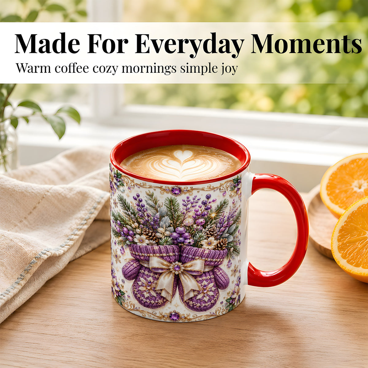 #pl[11oz|Red] Purple Christmas Mittens Coffee Mug, Jeweled Winter Mug, Ceramic Cup