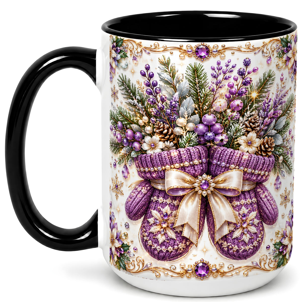#pl[15oz|Black] Purple Christmas Mittens Coffee Mug, Jeweled Winter Mug, Ceramic Cup