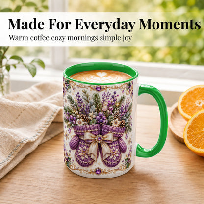 #pl[15oz|Green] Purple Christmas Mittens Coffee Mug, Jeweled Winter Mug, Ceramic Cup