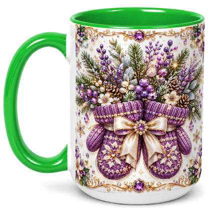 #pl[15oz|Green] Purple Christmas Mittens Coffee Mug, Jeweled Winter Mug, Ceramic Cup