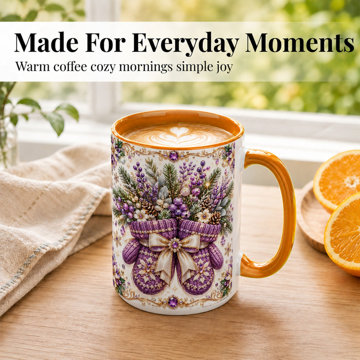 #pl[15oz|Orange] Purple Christmas Mittens Coffee Mug, Jeweled Winter Mug, Ceramic Cup