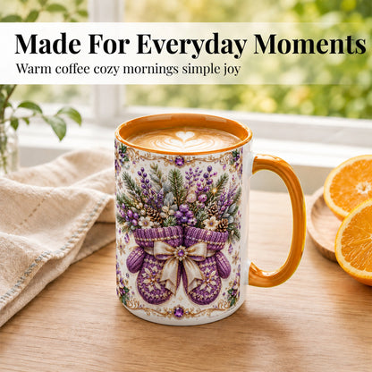 #pl[15oz|Orange] Purple Christmas Mittens Coffee Mug, Jeweled Winter Mug, Ceramic Cup