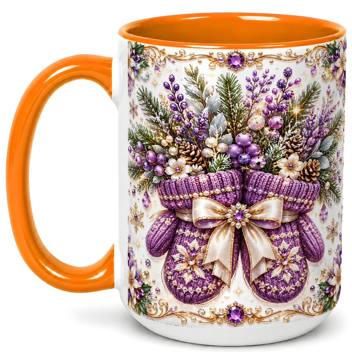 #pl[15oz|Orange] Purple Christmas Mittens Coffee Mug, Jeweled Winter Mug, Ceramic Cup