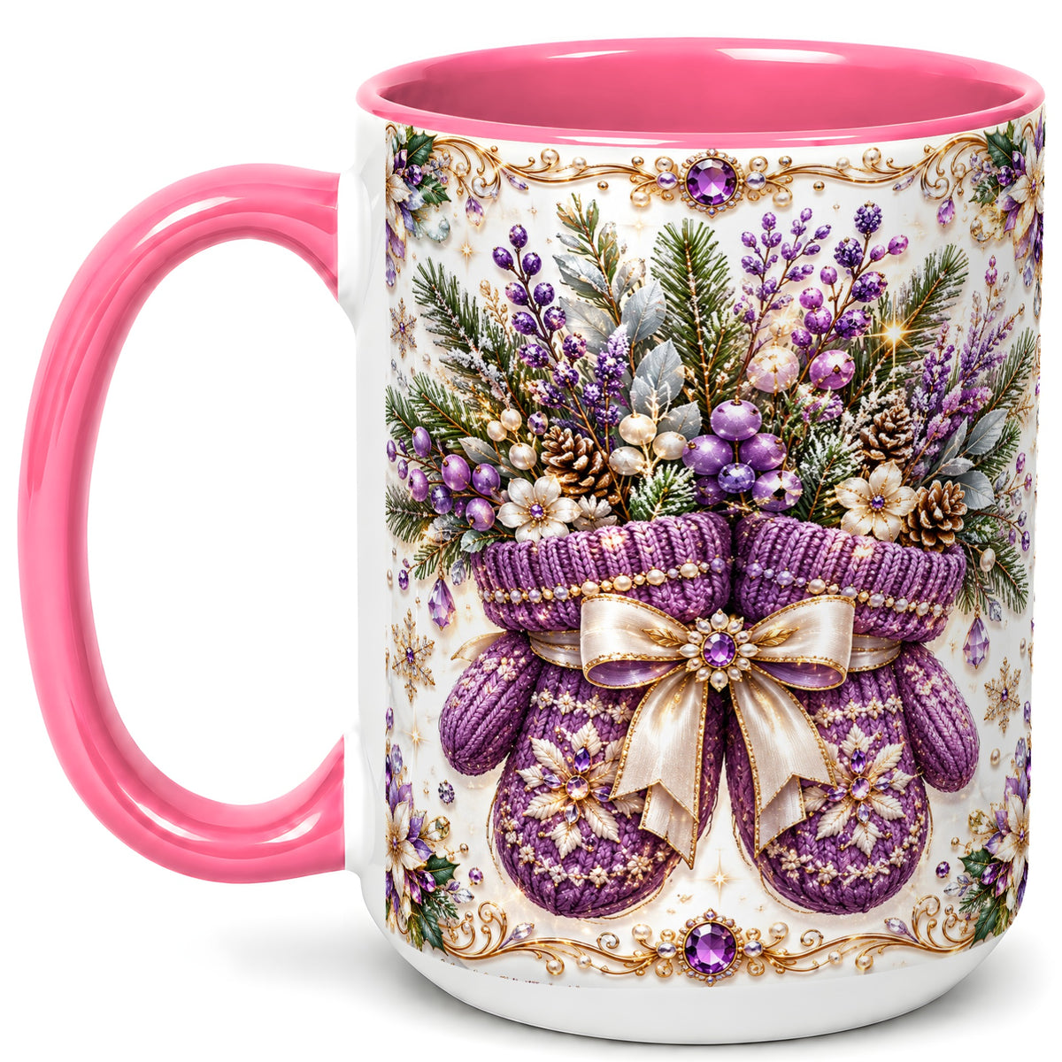 #pl[15oz|Pink] Purple Christmas Mittens Coffee Mug, Jeweled Winter Mug, Ceramic Cup