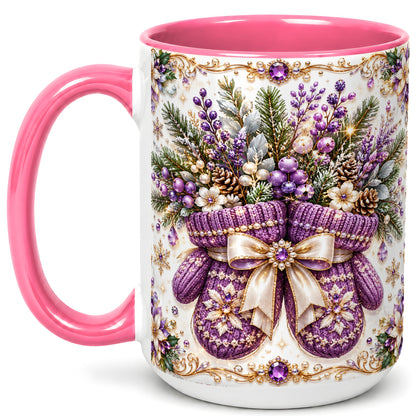 #pl[15oz|Pink] Purple Christmas Mittens Coffee Mug, Jeweled Winter Mug, Ceramic Cup
