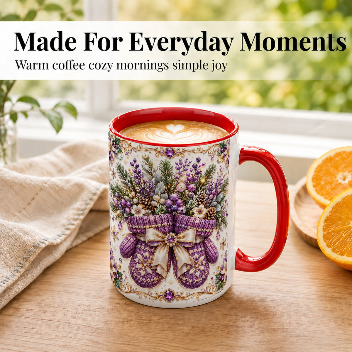 #pl[15oz|Red] Purple Christmas Mittens Coffee Mug, Jeweled Winter Mug, Ceramic Cup