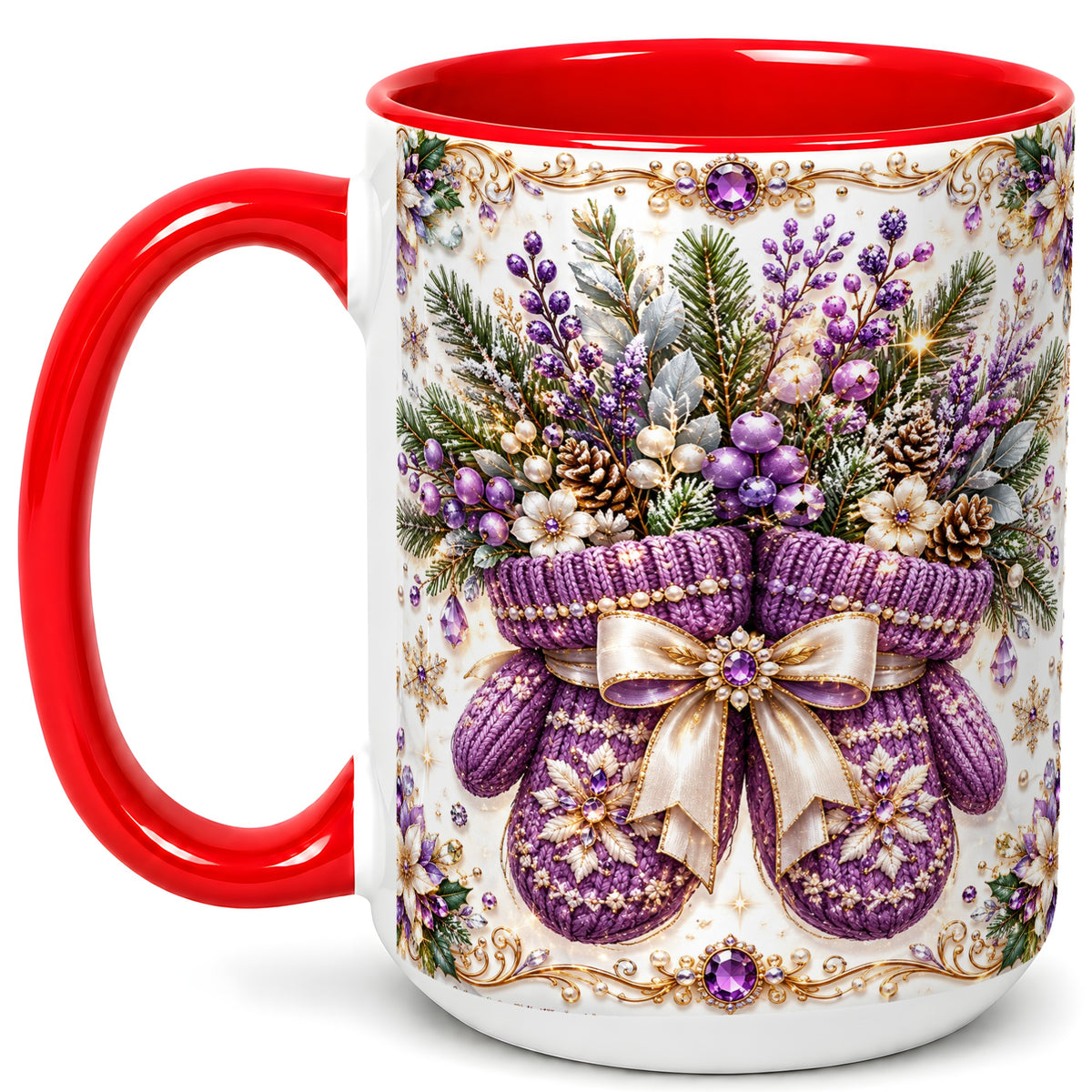 #pl[15oz|Red] Purple Christmas Mittens Coffee Mug, Jeweled Winter Mug, Ceramic Cup