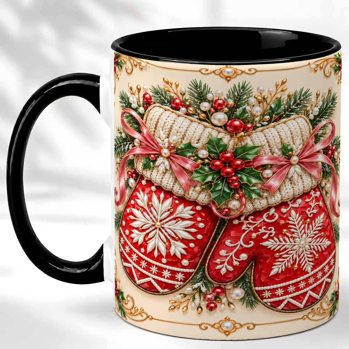 #pl[11oz|Black] Red Christmas Mittens Coffee Mug, Snowflake Winter Mug, Ceramic Cup