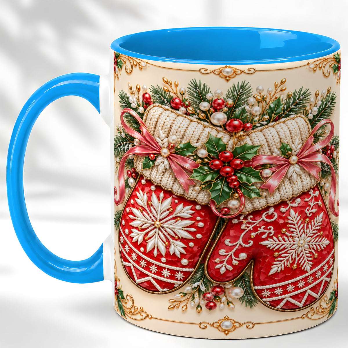 #pl[11oz|Blue] Red Christmas Mittens Coffee Mug, Snowflake Winter Mug, Ceramic Cup