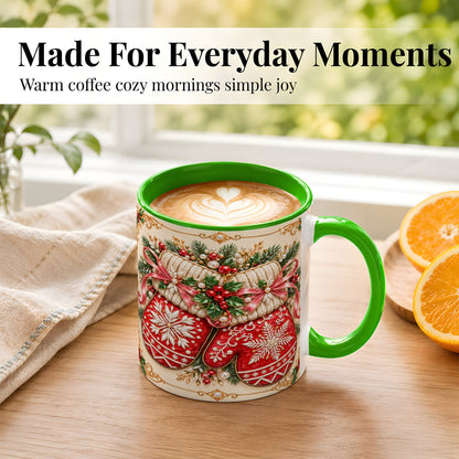 #pl[11oz|Green] Red Christmas Mittens Coffee Mug, Snowflake Winter Mug, Ceramic Cup