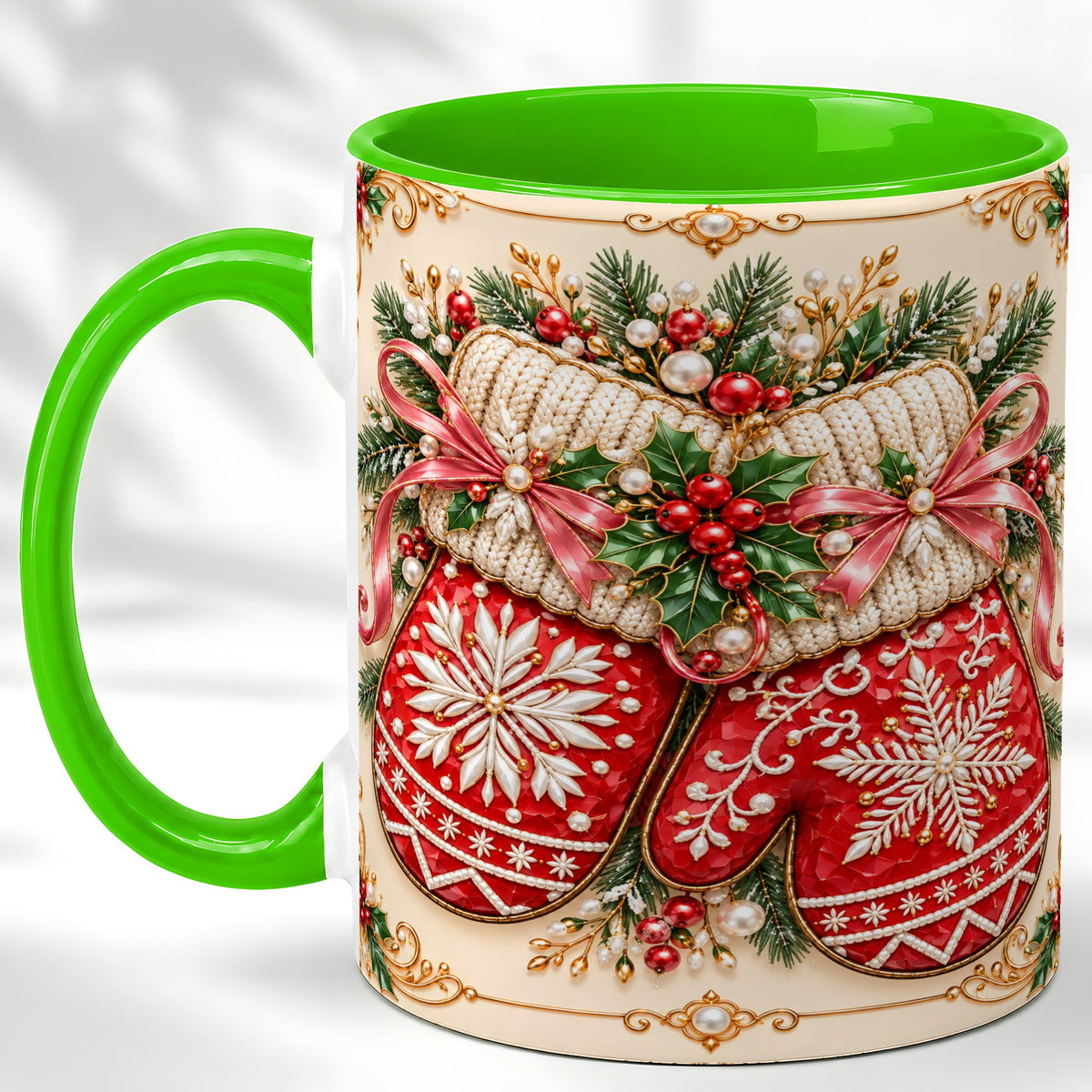 #pl[11oz|Green] Red Christmas Mittens Coffee Mug, Snowflake Winter Mug, Ceramic Cup