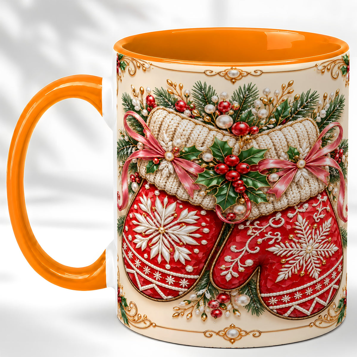 #pl[11oz|Orange] Red Christmas Mittens Coffee Mug, Snowflake Winter Mug, Ceramic Cup