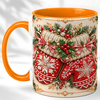 #pl[11oz|Orange] Red Christmas Mittens Coffee Mug, Snowflake Winter Mug, Ceramic Cup
