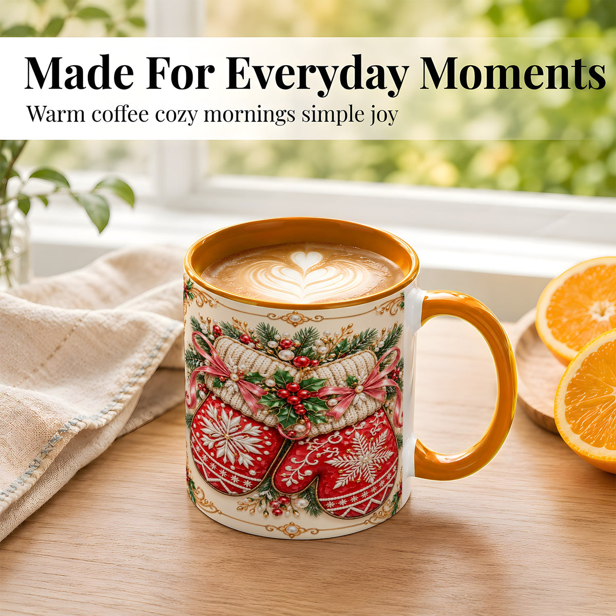 #pl[11oz|Orange] Red Christmas Mittens Coffee Mug, Snowflake Winter Mug, Ceramic Cup