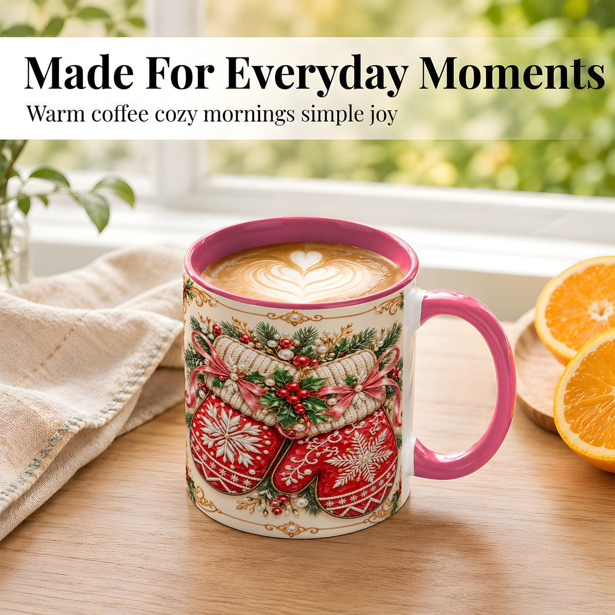 #pl[11oz|Pink] Red Christmas Mittens Coffee Mug, Snowflake Winter Mug, Ceramic Cup