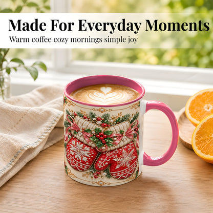 #pl[11oz|Pink] Red Christmas Mittens Coffee Mug, Snowflake Winter Mug, Ceramic Cup