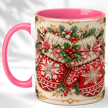 #pl[11oz|Pink] Red Christmas Mittens Coffee Mug, Snowflake Winter Mug, Ceramic Cup