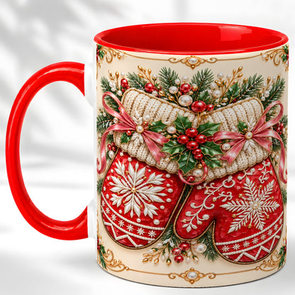 Red Christmas Mittens Coffee Mug, Snowflake Winter Mug, Ceramic Cup
